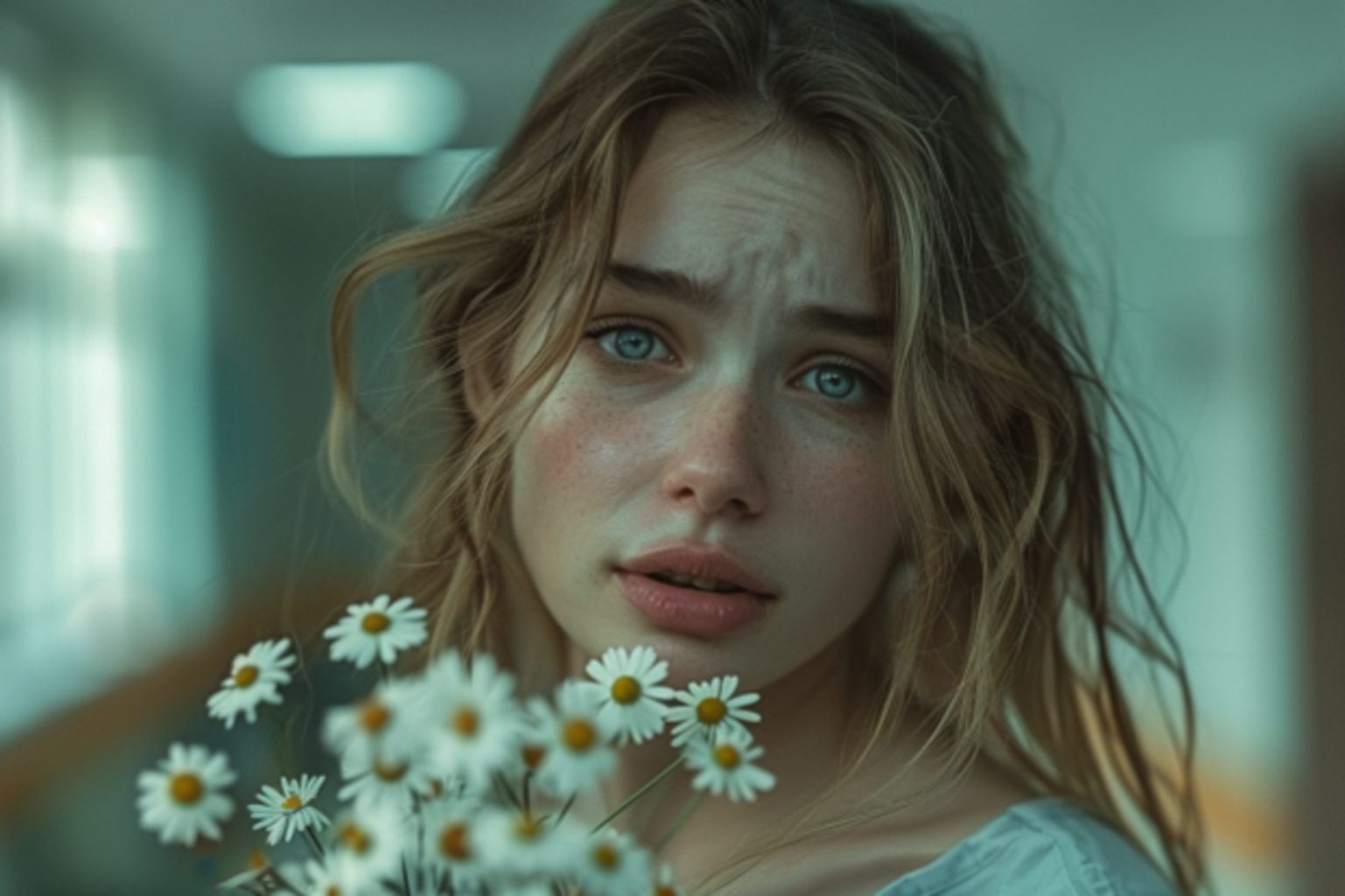 An upset young woman holding white daisies | Source: Midjourney