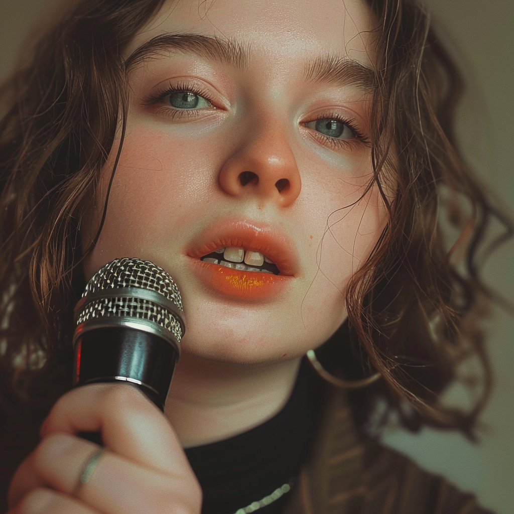 A young woman holding a microphone | Source: Midjourney