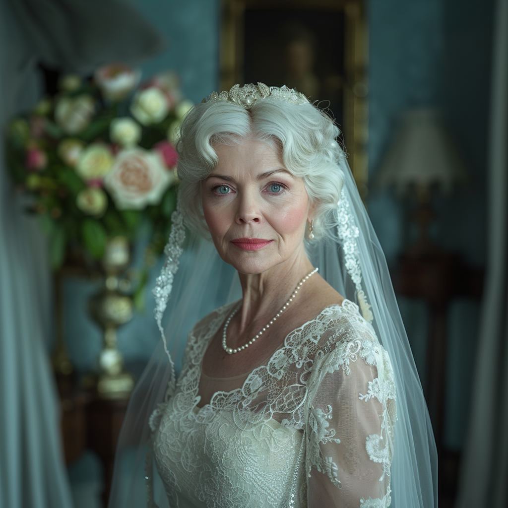 An elderly woman posing in her wedding gown | Source: Midjourney