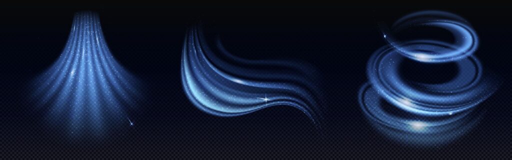 Cold air effect, winter wind swirls and wave. Blue streams of fresh breeze flows isolated on transparent background. Whirlwind, vortex light effect, vector realistic illustration