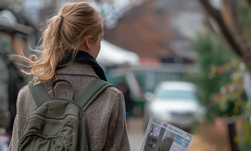 Amy walking away from Helen's house, poster in her hand | Source: Midjourney