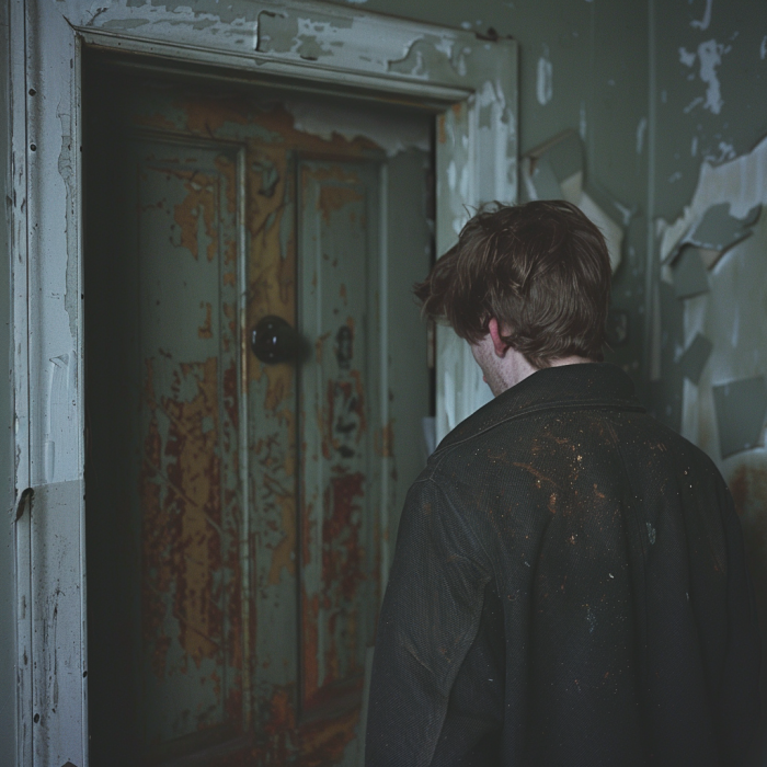 The back view of a man standing behind a closed door | Source: Midjourney