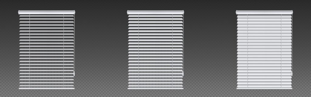 Window venetian blinds, jalousie curtains isolated on transparent background. Vector realistic set of white plastic louver shades for house or office interior