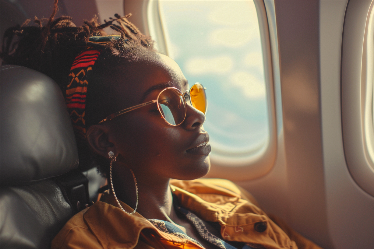 A woman on an airplane | Source: Midjourney