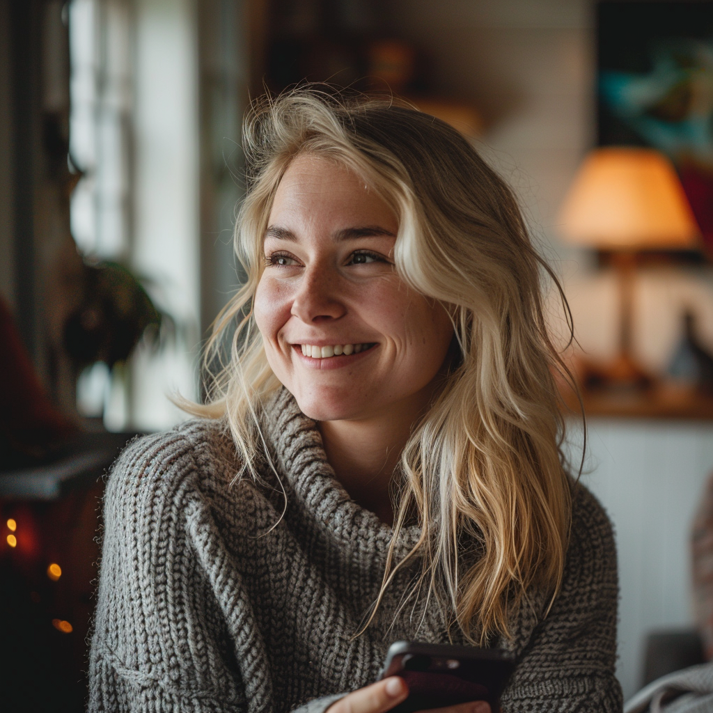 A young woman smiling while holding her phone | Source: Midjourney