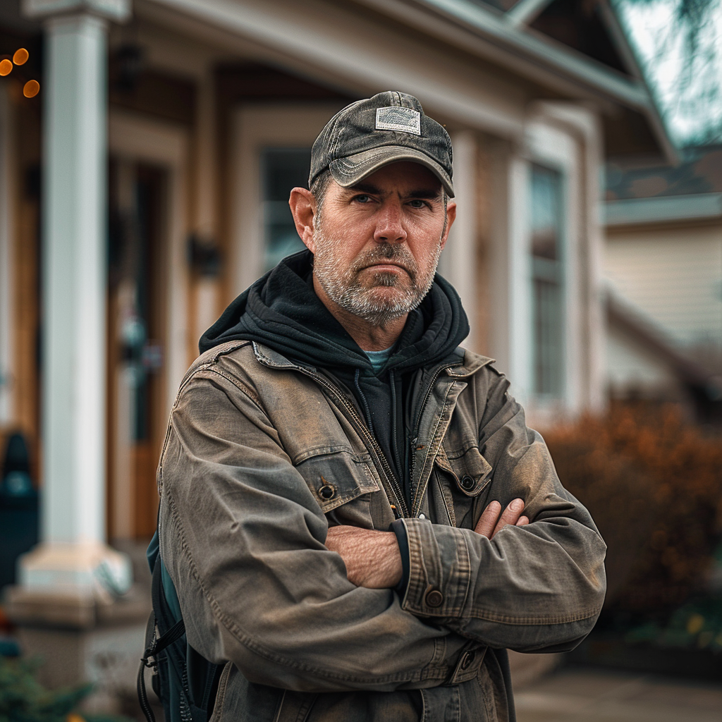 An angry man standing on the front porch of his house | Source: Midjourney