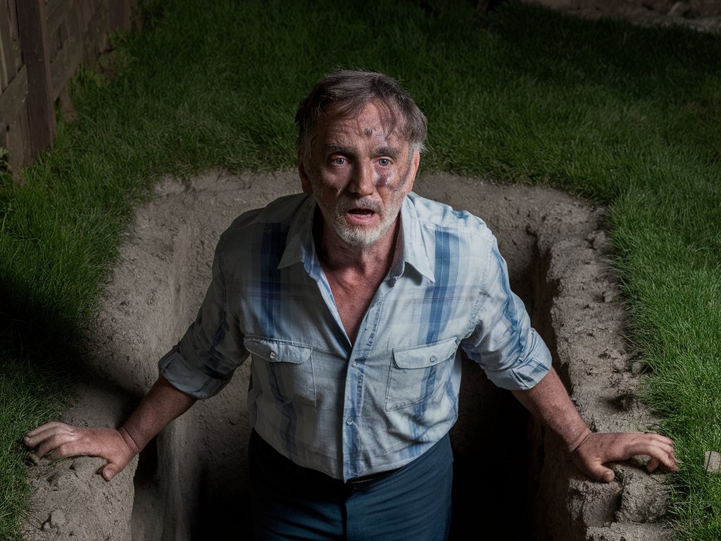 An older man looks up desperately from a hole dug in a garden | Source: Midjourney