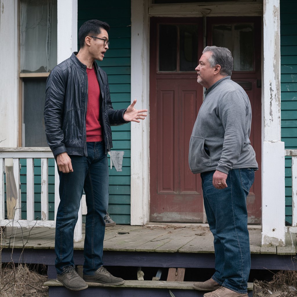 A angry man confronts another man on a front porch | Source: Midjourney