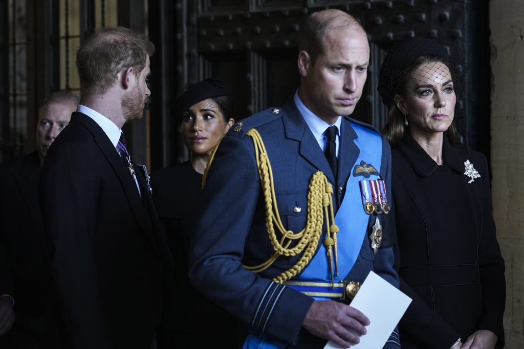 Britain's royals, Prince William, Kate, Prince Harry, and Meghan, departing after paying respects to Queen Elizabeth II in Westminster Hall, London.