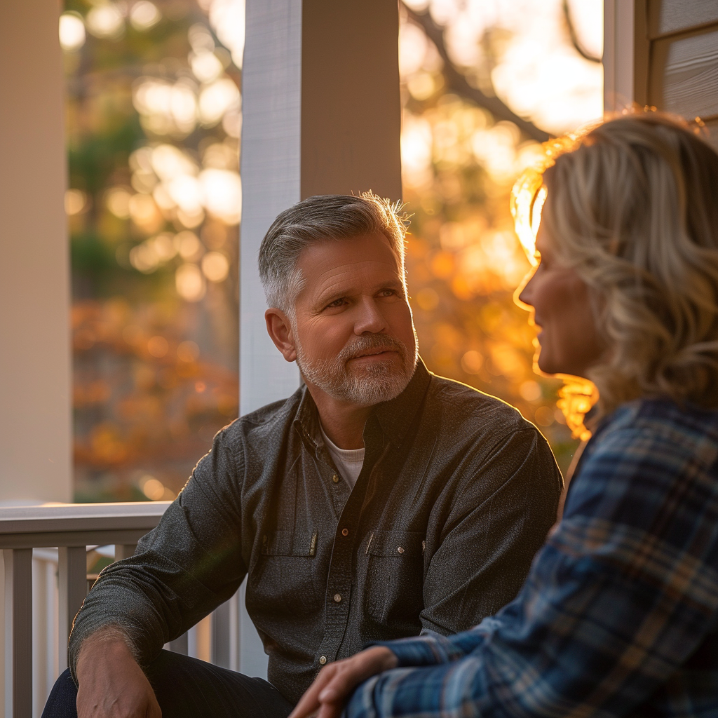 A man sitting on the porch and talking to his wife during golden hour | Source: Midjourney