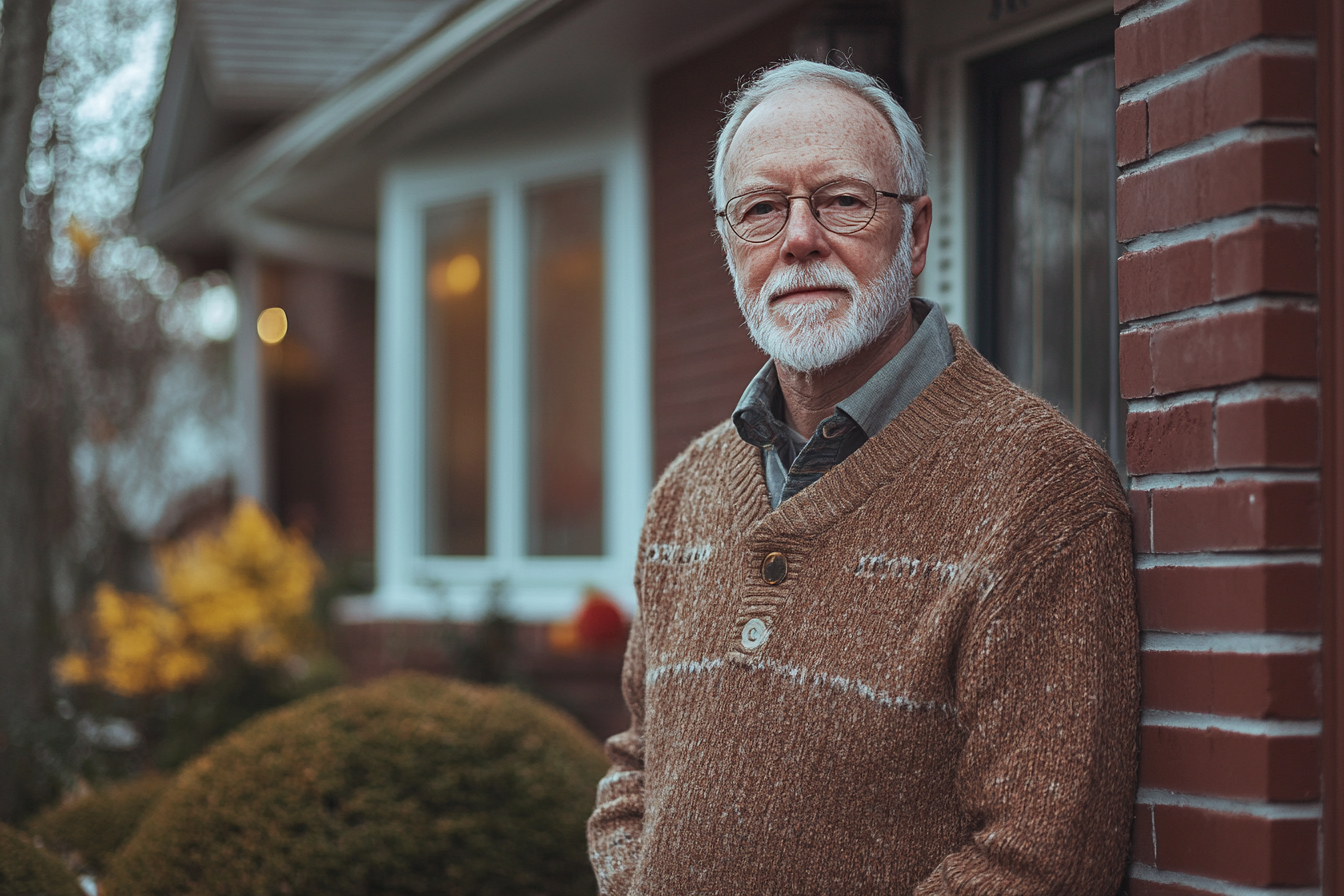 An older man standing outside his house | Source: Midjourney